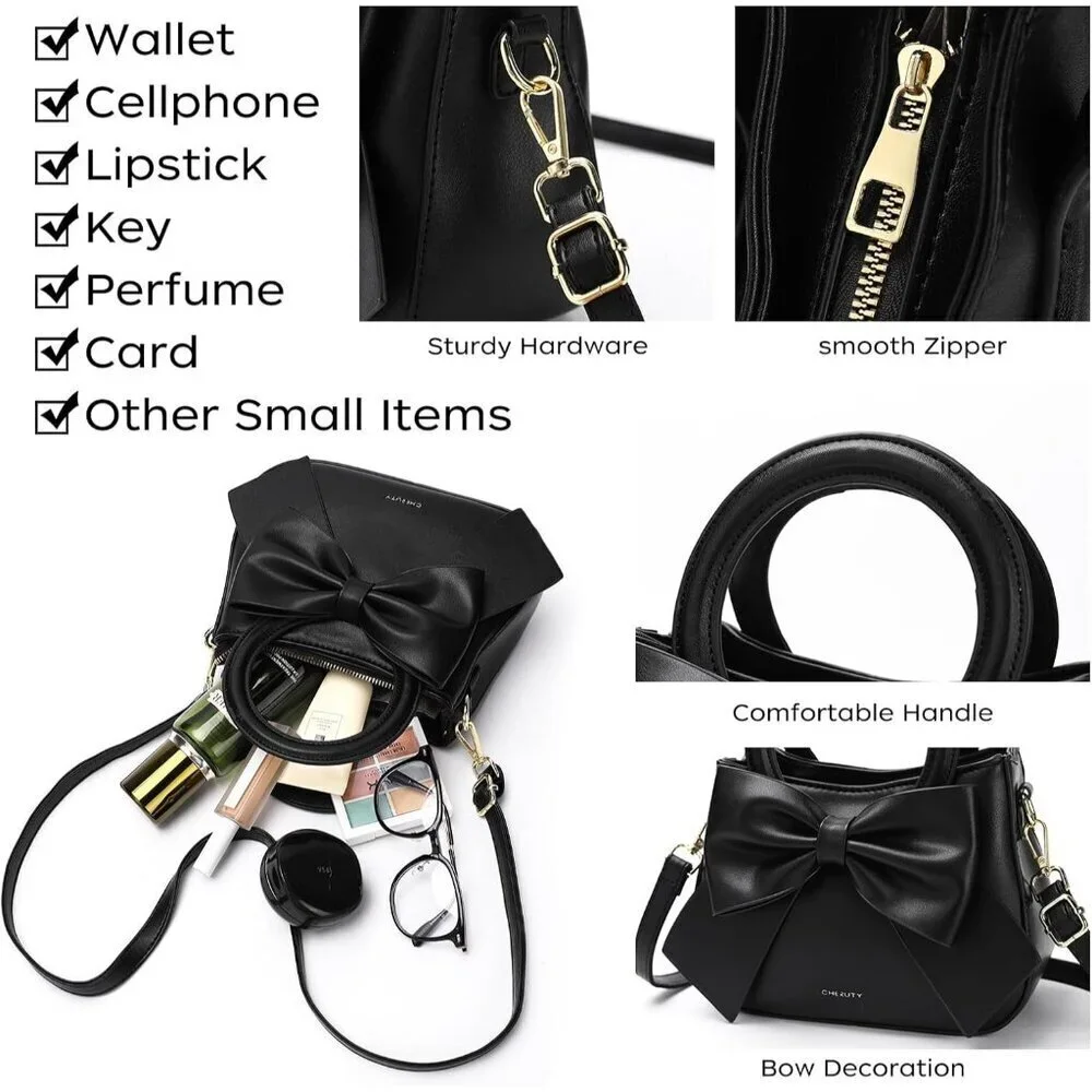 Vegan Leather Crossbody Bag Small Womens Purse with Bow Rope Adjustable